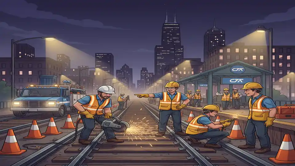 CTA track maintenance crew working on Blue Line rail infrastructure at night with safety equipment and lighting, showing maintenance operations on Chicago transit system