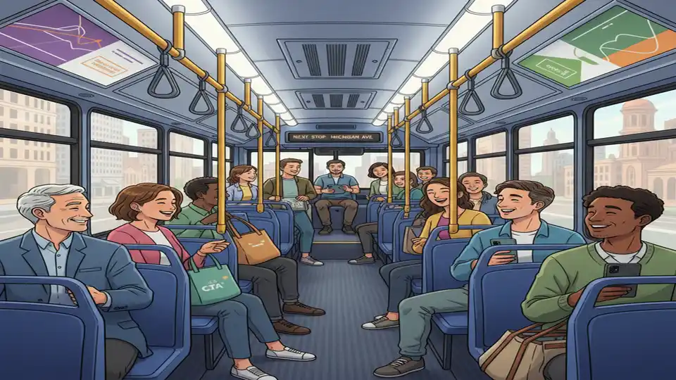 Interior of Chicago public transit bus showing crowded seating area with passengers during commute