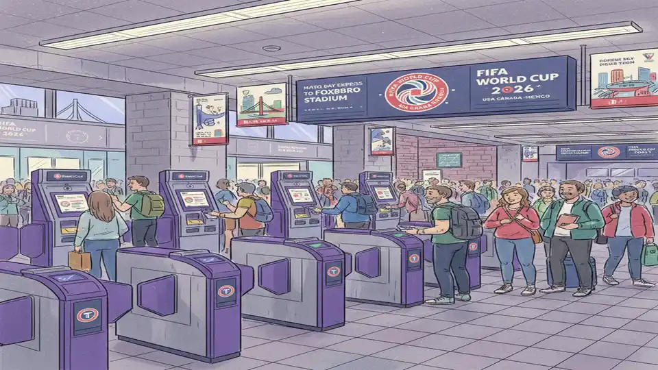 MBTA fare gates and ticket machines at commuter rail station with World Cup 2026 signage and crowd of passengers