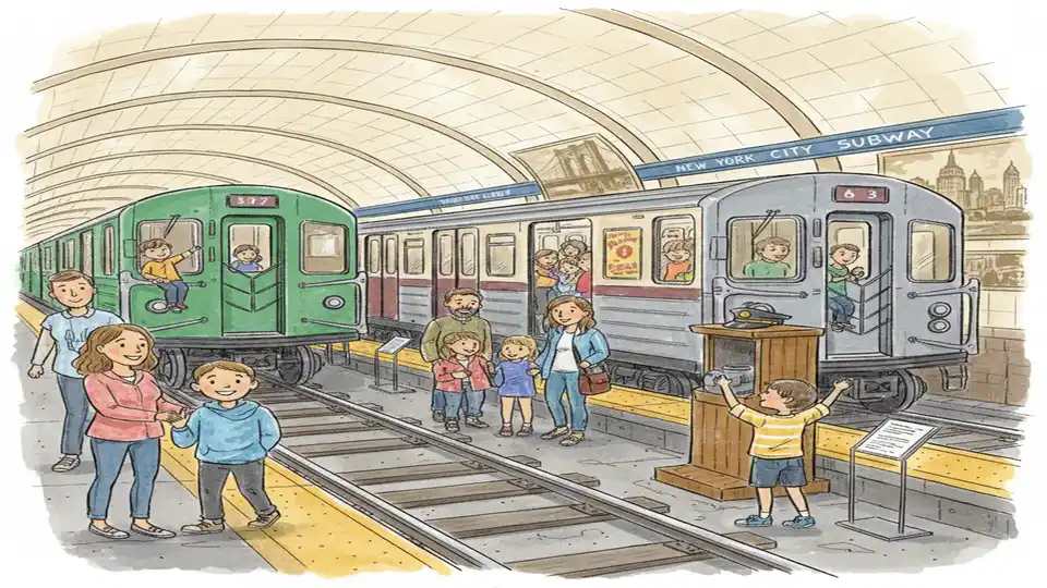 Visitors exploring vintage subway cars and transit artifacts inside the New York Transit Museum's main exhibition space, with families and children interacting with historical displays