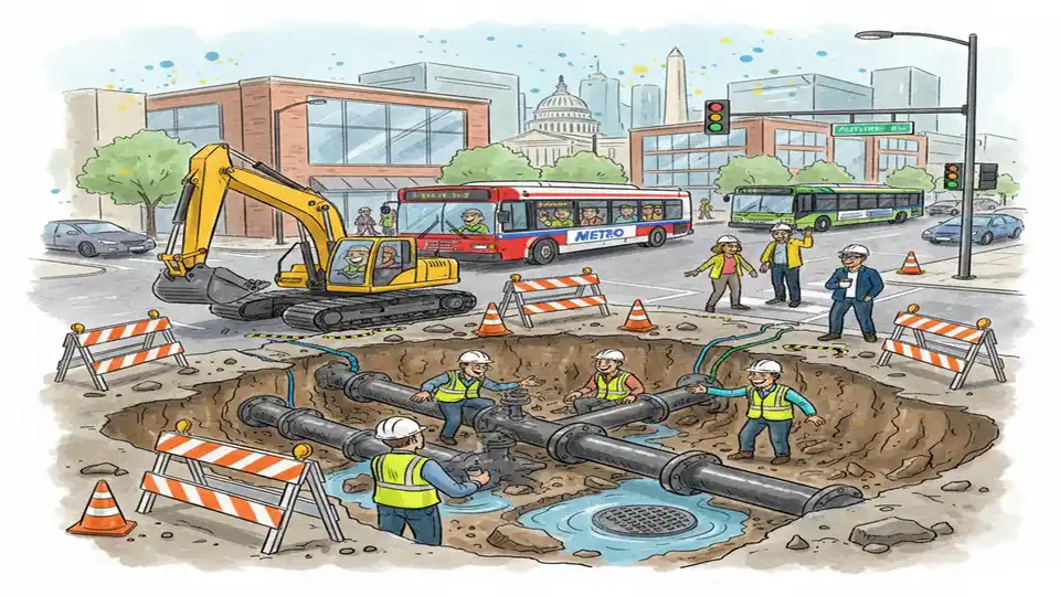 Watermain break repair work at urban intersection with transit bus visible in background