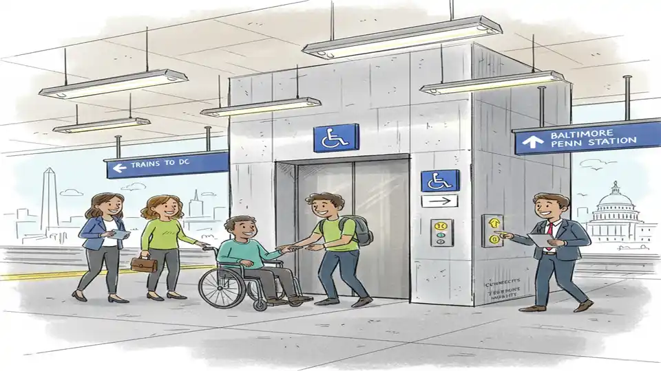 MARC Penn Line station elevator with accessibility signage and call button