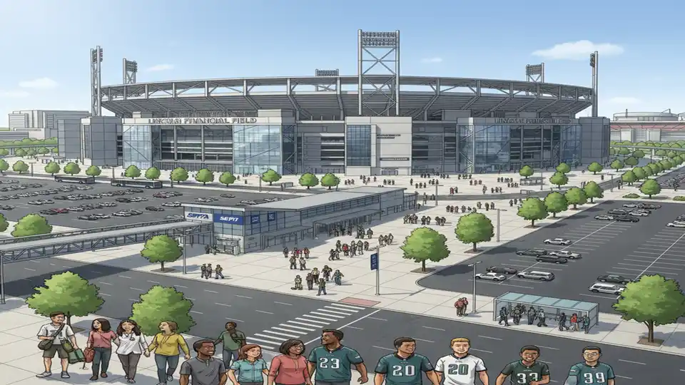 Lincoln Financial Field exterior with transit infrastructure and pedestrian access routes