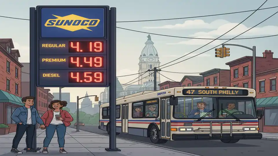 Gas station price sign showing elevated fuel prices with Philadelphia transit bus passing in background