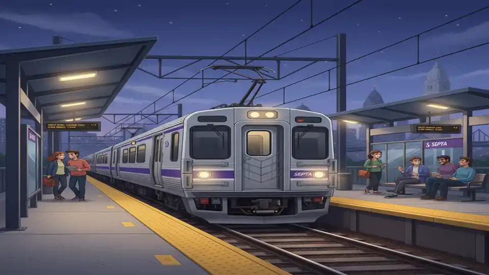 SEPTA Regional Rail train at station platform during evening hours before 9:00 PM service cutoff