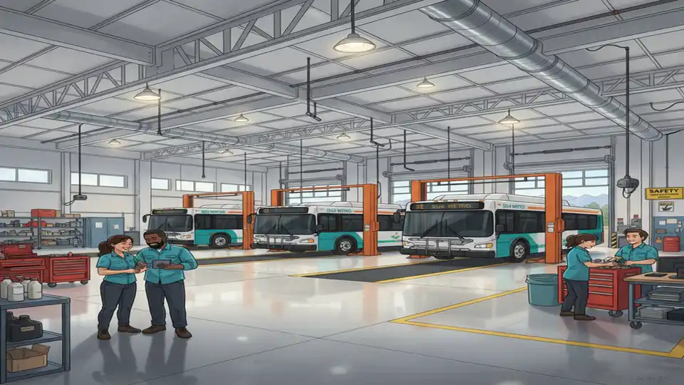 Interior of modern transit maintenance facility showing bus maintenance bays and equipment storage areas