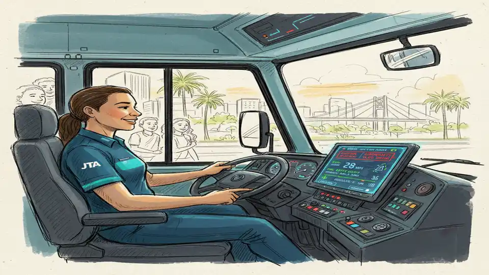 Transit bus driver using in-vehicle digital communication system with multilingual interface display, showing safety alerts and performance metrics on dashboard screen