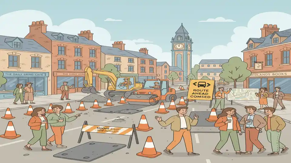 Road construction equipment and traffic cones on urban street with bus route diversion signage