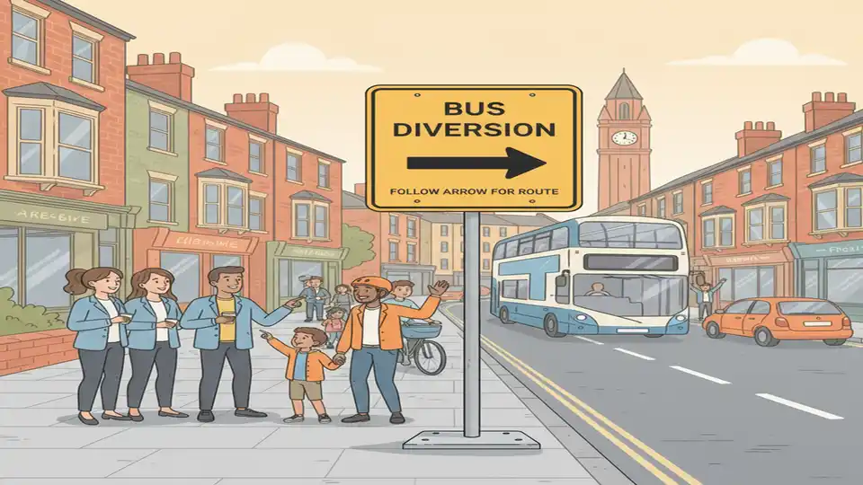 Bus route detour sign on urban street with directional arrow