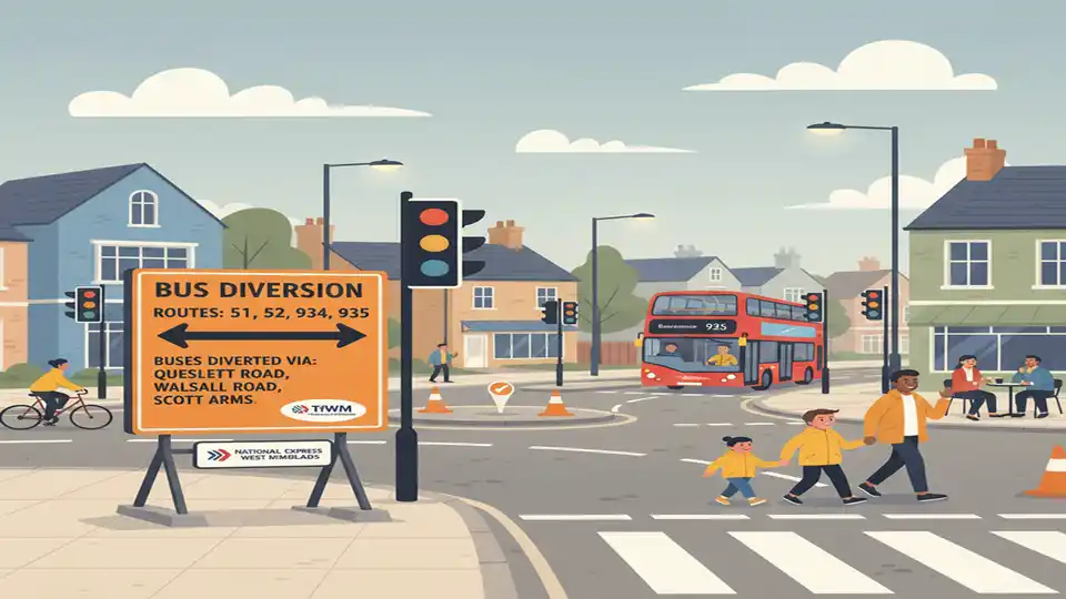 Bus route detour sign at Great Barr intersection showing alternate path for diverted service