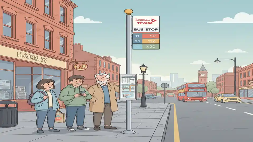 Bus stop sign showing multiple route numbers with passengers waiting on urban street