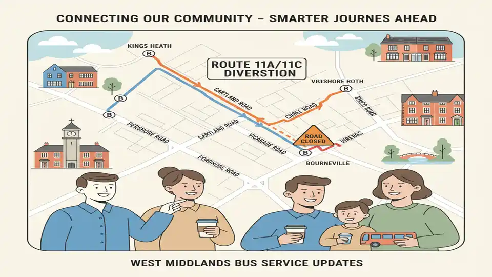 Description: Bus route map showing diversion path with alternate streets highlighted, including Pershore Road, Cartland Road, and Vicarage Road in Stirchley area
Alt text: Bus route 11A 11C diversion map Stirchley Fordhouse Road closure alternate route
Composition: Close-up of transit map with diverted route marked, showing connection between Kings Heath and Bournville via alternate streets