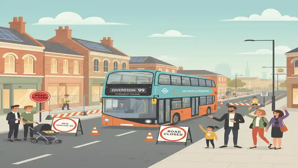 Diverted bus on alternative route with road closure signs and construction barriers in background