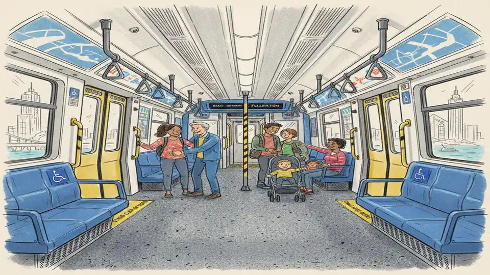 Interior of Chicago CTA bus or train car showing safety features, seating areas, and typical passenger environment