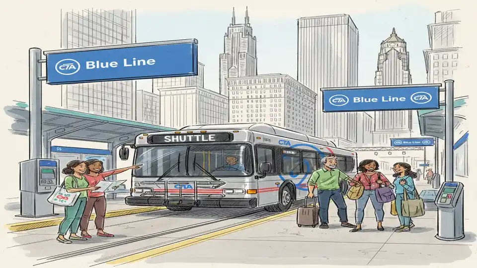 CTA shuttle bus at downtown Chicago transit station with Blue Line signage visible