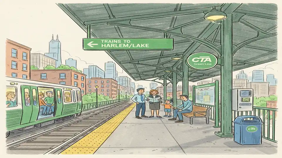 CTA Green Line elevated station platform with directional signage showing Harlem Lake-bound side