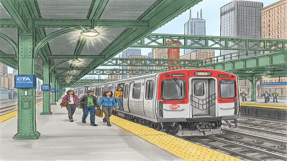 CTA Clark/Lake Station platform with Red Line train stopped at the station and passengers boarding