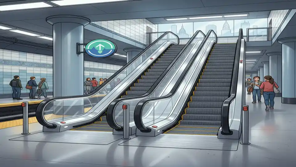 Newly installed escalator at New York subway station showing modern handrails and LED lighting, with platform level visible in background