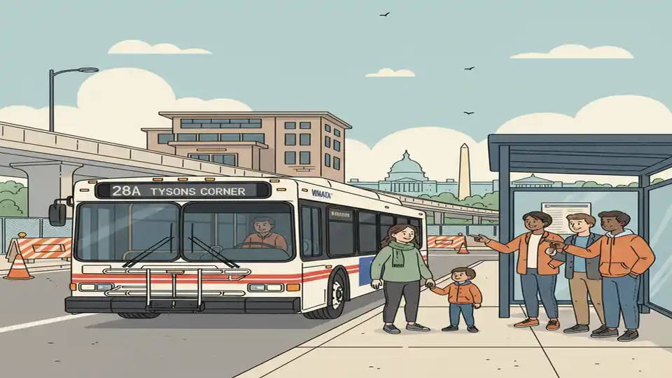 WMATA bus at West Falls Church Station with construction barriers visible in background