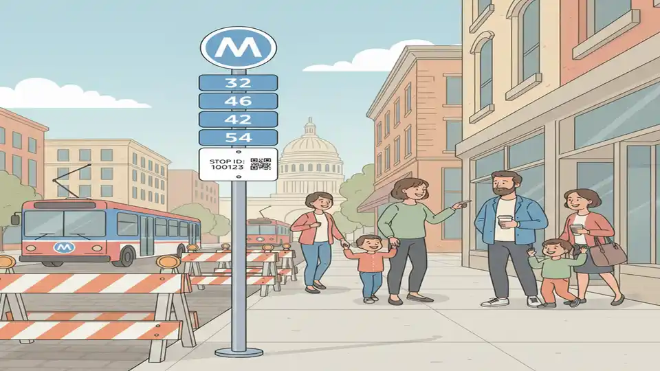 WMATA bus stop sign with route numbers in downtown Washington DC with street closure barriers