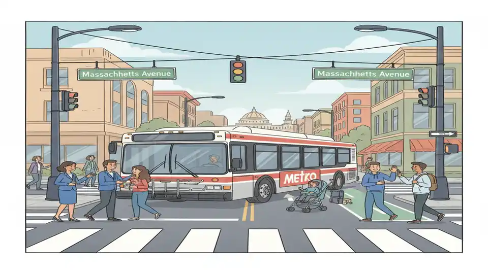 Washington Metro bus at downtown intersection with street signs showing Massachusetts Avenue