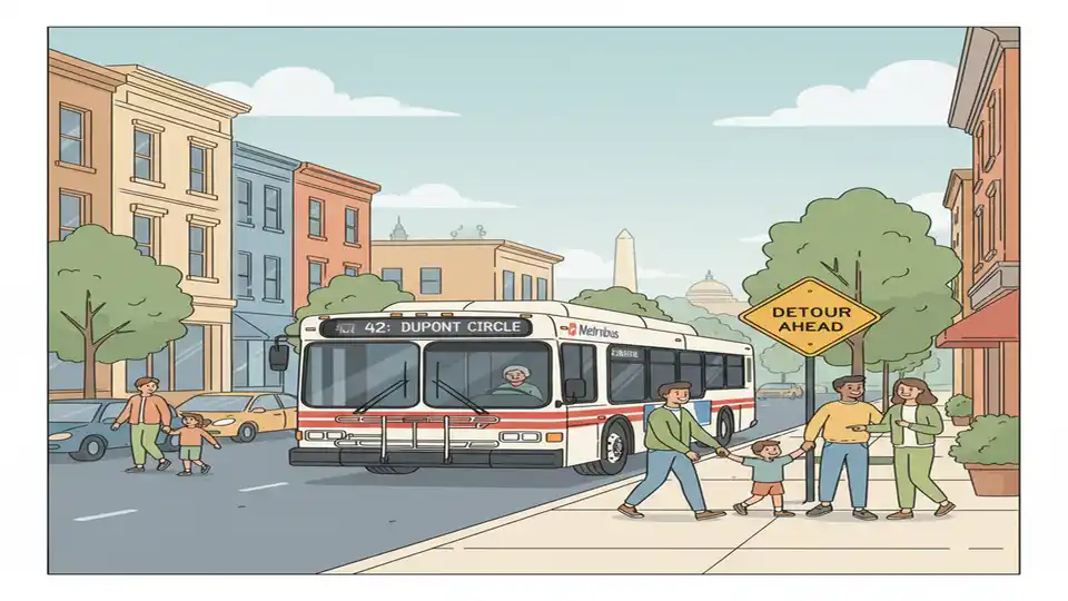 WMATA bus at detour sign on 19th Street Northwest DC with route information display