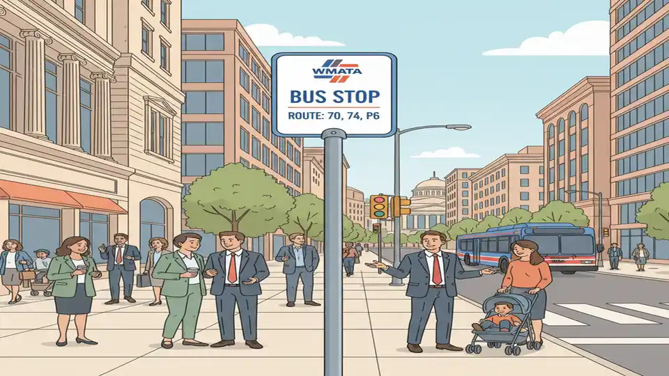 WMATA bus stop sign on 7th Street NW with downtown Washington street scene and pedestrians