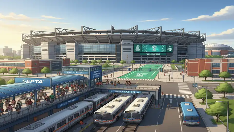 Lincoln Financial Field exterior with SEPTA transit infrastructure visible in foreground. Alt text: Lincoln Financial Field and SEPTA transit access for 2026 FIFA World Cup matches in Philadelphia. Composition: Angle showing stadium and nearby transit connections to emphasize accessibility improvements for World Cup crowds.