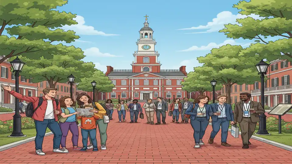 Tourists and conference attendees walking through Philadelphia's Center City historic district with Independence Hall visible in background