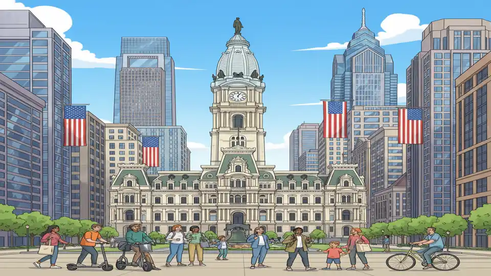 Philadelphia City Hall and downtown skyline with American flags displayed on buildings during summer tourism season