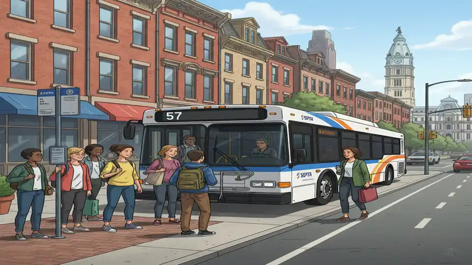 SEPTA Route 57 bus at urban bus stop with passengers boarding