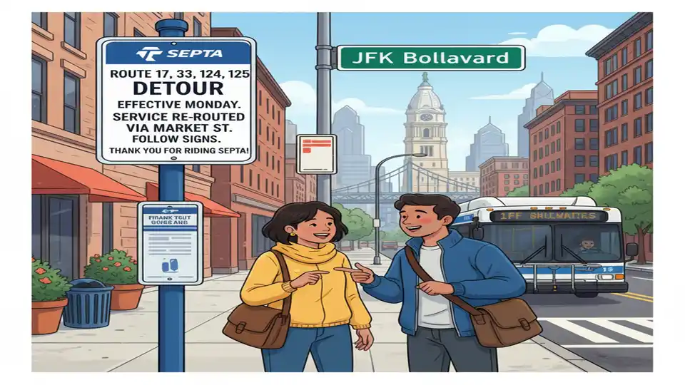 SEPTA bus route detour sign posted at downtown Philadelphia bus stop with JFK Boulevard street sign visible in background