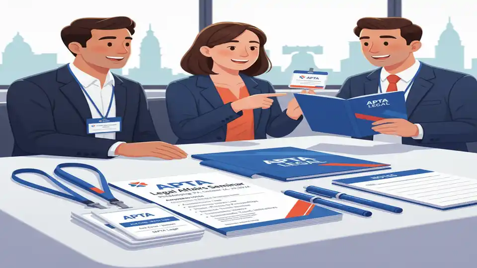 Close-up of conference materials and name badges on table at APTA Legal Affairs Seminar, showing agenda booklet with transportation legal topics and APTA branding