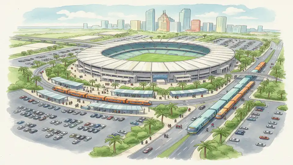 Aerial view of large soccer stadium with surrounding transit infrastructure including bus terminals and rail stations, showing transportation access points