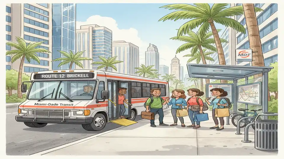 Miami-Dade Transit shuttle bus at downtown transit stop with passengers boarding