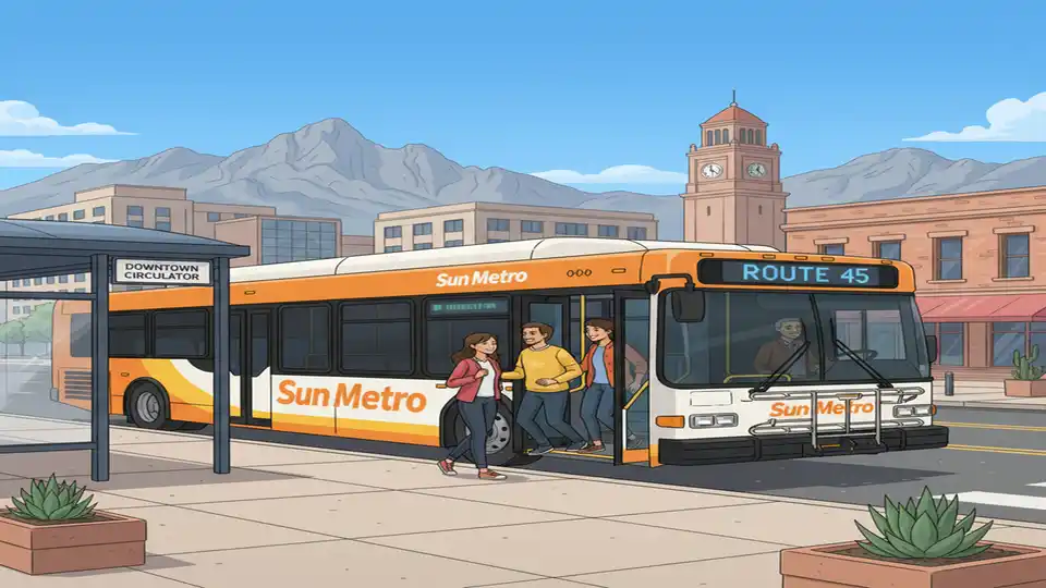 El Paso Transit Authority bus at downtown stop with passengers boarding, daytime, showing modern transit vehicle and urban setting