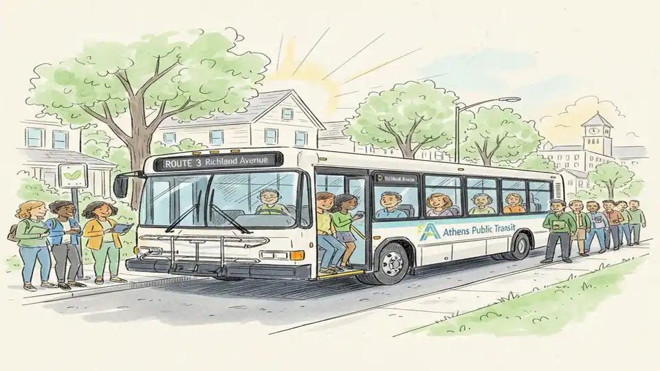 Athens Public Transit 28-passenger bus on Richland Avenue route with passengers boarding