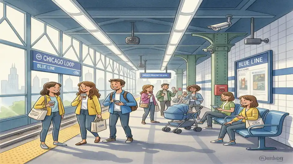 Chicago CTA train platform with diverse group of commuters including women waiting for train, daytime lighting showing station safety features and signage