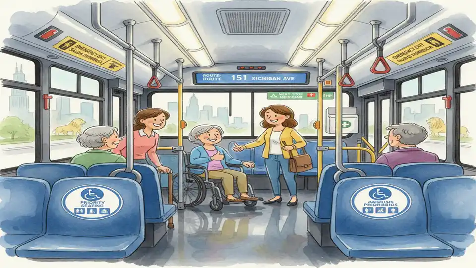 Interior of CTA bus showing priority seating area and safety information posted for riders, with focus on passenger information displays and emergency features