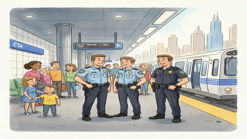 CTA security personnel and police officers patrolling Chicago transit station platform