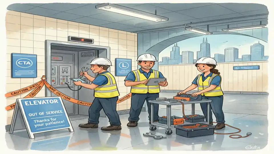 CTA maintenance crew working on transit elevator repair at Chicago subway station