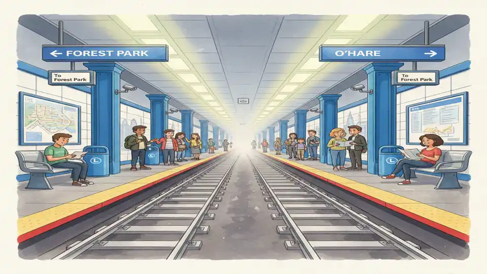 CTA Blue Line station platform showing Forest Park-bound and O'Hare-bound sides with directional signage