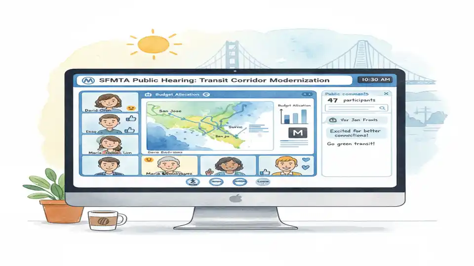 Computer screen showing virtual meeting interface for San Francisco transit public hearing