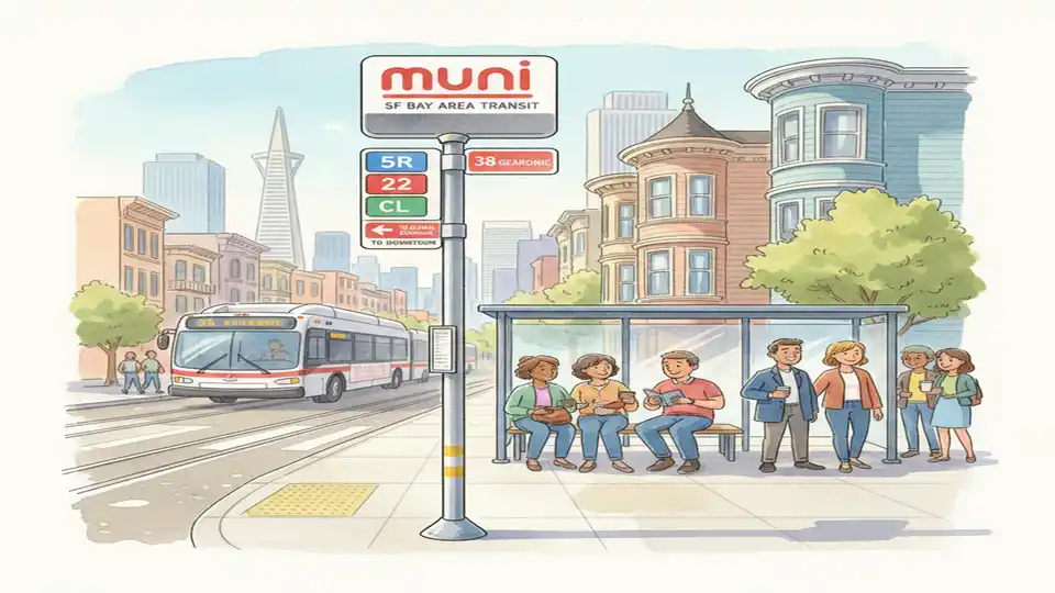 Muni bus stop sign showing multiple route numbers in San Francisco