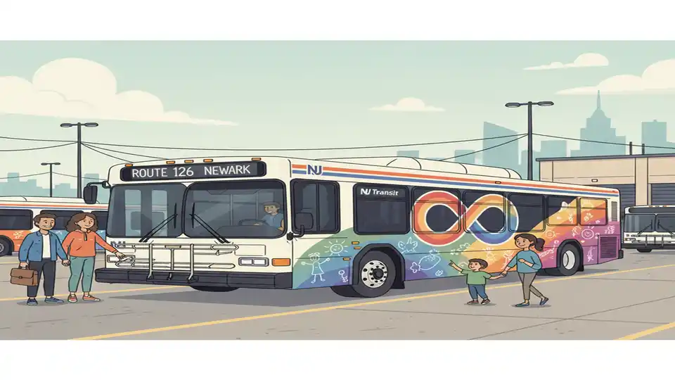 NJ Transit bus with colorful autism acceptance wrap featuring infinity symbol and children's artwork at transit facility