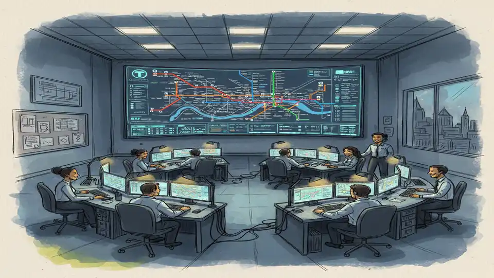 Transit control center with operators monitoring multiple screens showing train and bus locations, modern command center with digital maps