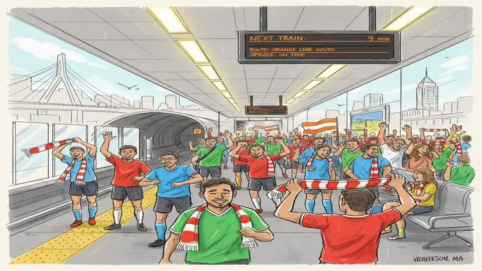 Busy transit station with international soccer fans wearing team jerseys and scarves, modern metro platform with digital information displays