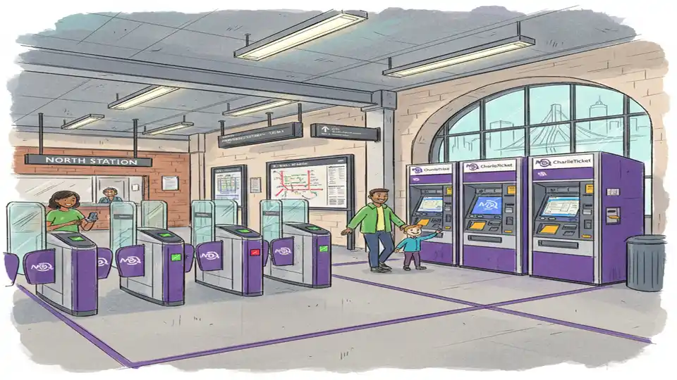 MBTA fare gates and ticket vending machines at commuter rail station