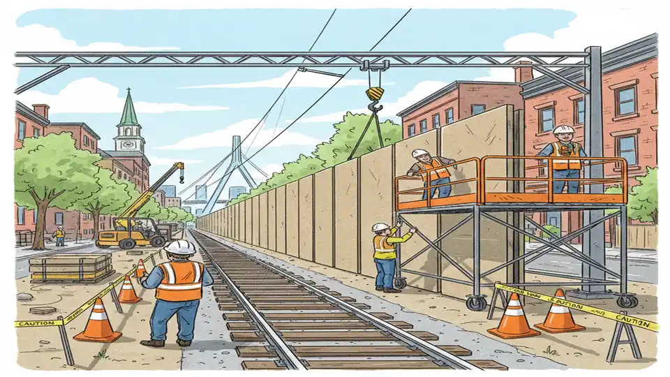 Construction workers installing sound barrier wall along commuter rail tracks