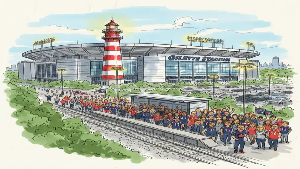 Gillette Stadium exterior with commuter rail tracks and platform visible in foreground during major sporting event